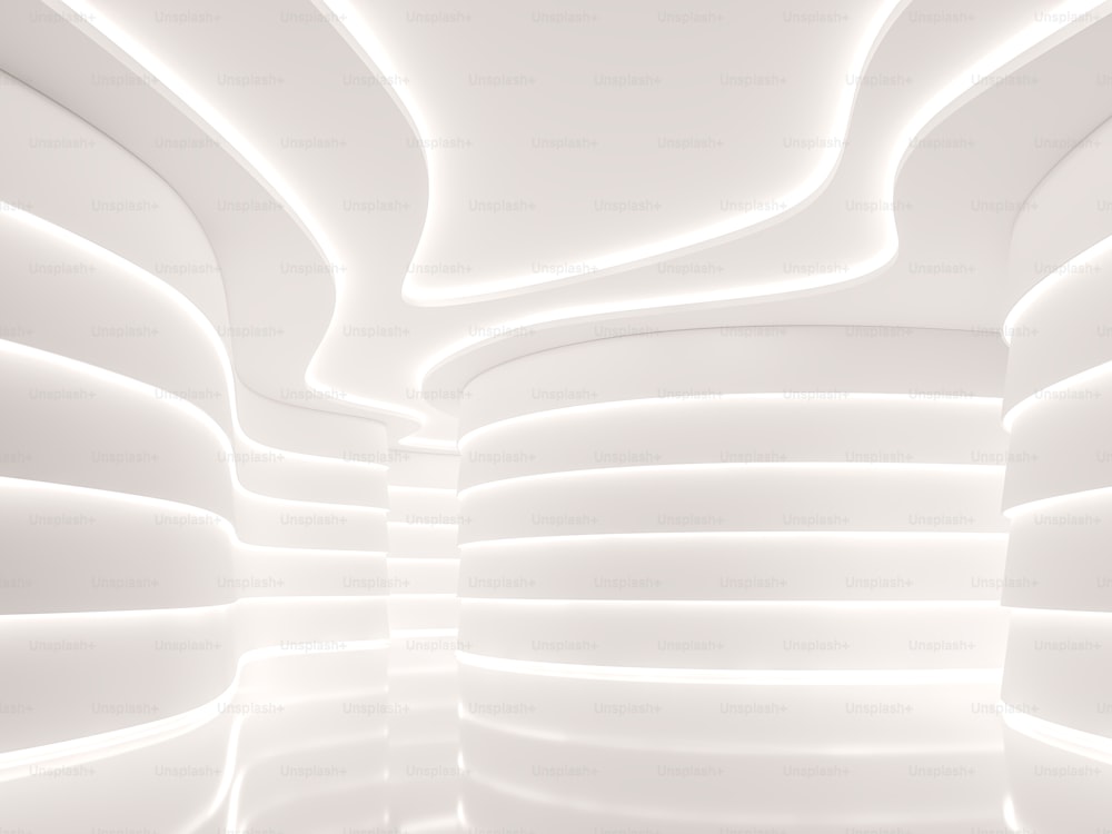 Moderno spazio bianco interno 3d rendering, ci sono pareti curve decorate con luce nascosta.
