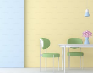 Modernes buntes Esszimmer 3D-Rendering, Dekorieren Sie die Wand mit Pastellfarbe, Ausgestattet mit weißem Tisch und grünem Stuhl.
