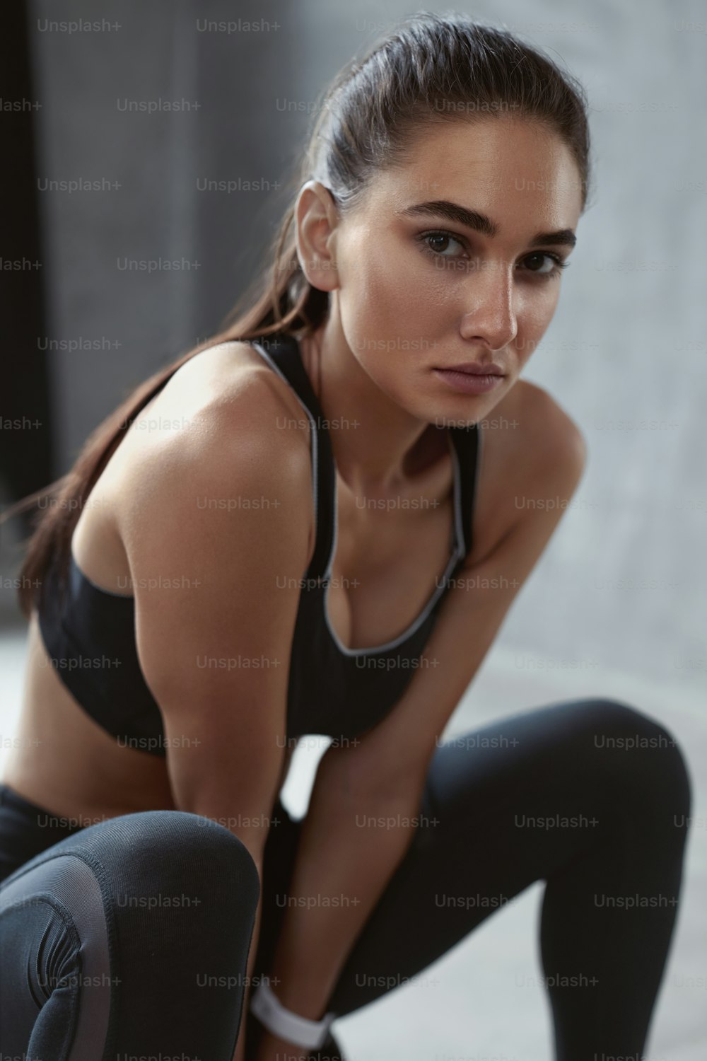 Portrait Of Fitness Woman In Fashion Sports Clothes, Beautiful Female In Black Sportswear. High Resolution