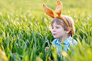 Cute little kid boy with bunny ears having fun with traditional Easter eggs hunt on warm sunny day, outdoors. Celebrating Easter holiday. Toddler finding, colorful eggs in green grass.