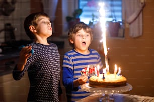 Two beautiful kids, little preschool boys celebrating birthday and blowing candles on homemade baked cake, indoor. Birthday party for siblings children. Happy twins about gifts and fireworks on tarte