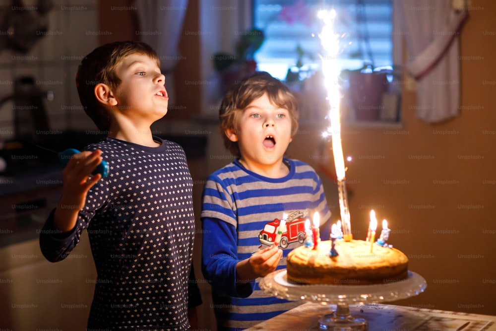 Two beautiful kids, little preschool boys celebrating birthday and blowing candles on homemade baked cake, indoor. Birthday party for siblings children. Happy twins about gifts and fireworks on tarte