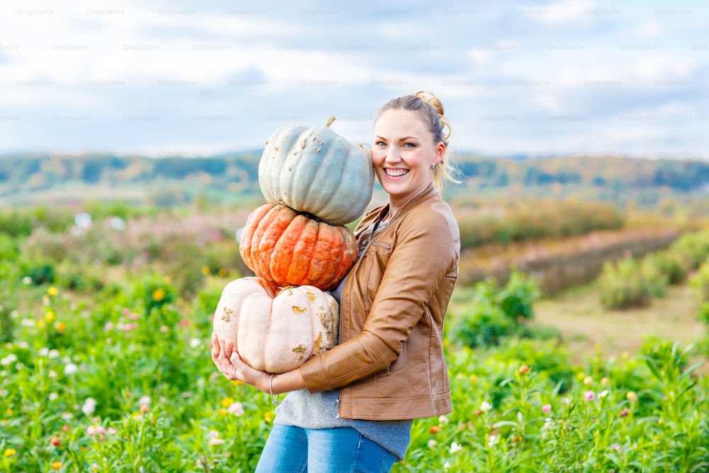 Beautiful young woman with three huge different pumpkins on a farm or patch. Girl having fun with farming. Thanksgiving or halloween.