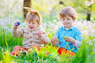 Two little kids boys and friends in Easter bunny ears during traditional egg hunt in spring garden, outdoors. Siblings having fun with finding colorful eggs. Old christian and catholoc tradition