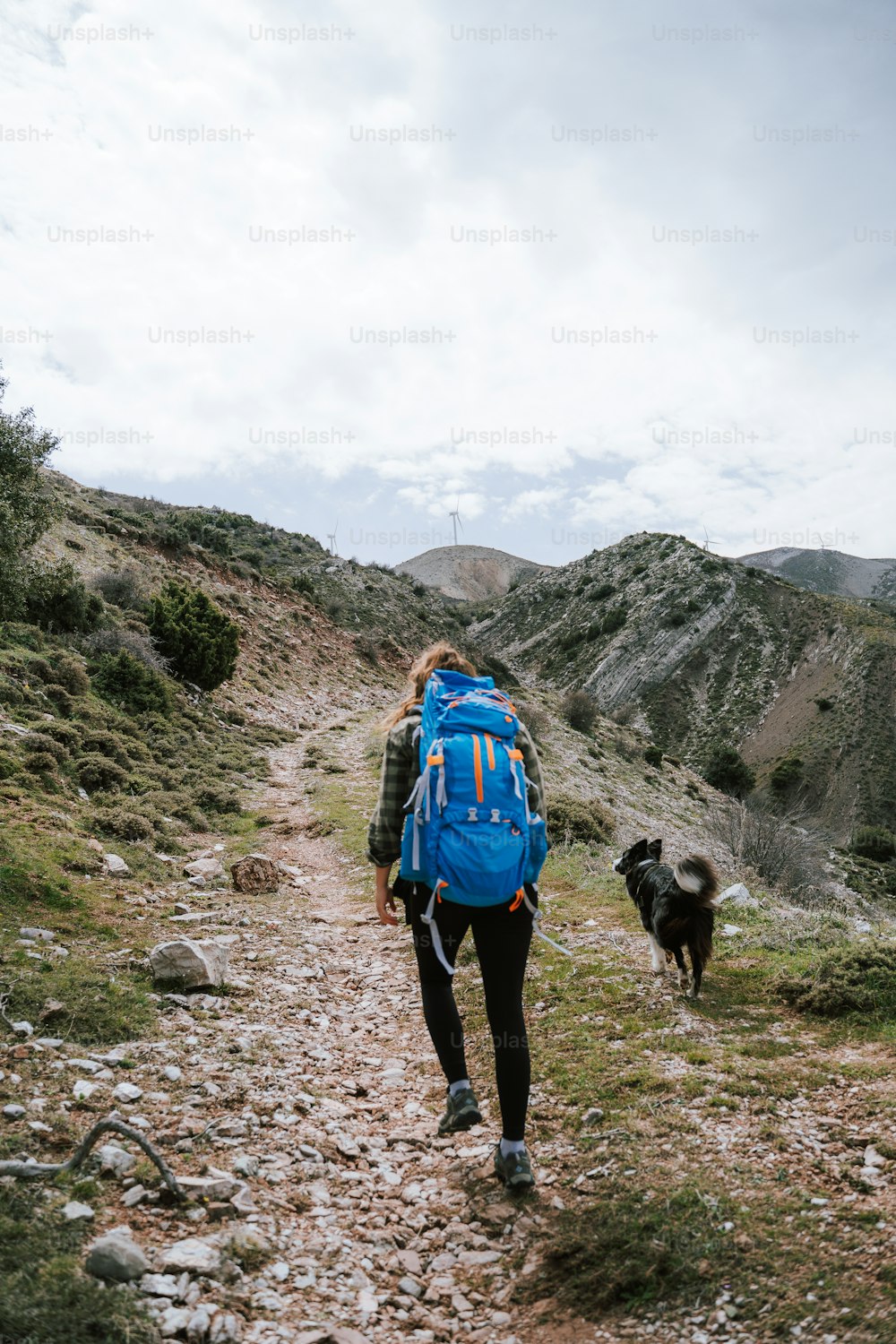 a person with a backpack and a dog on a trail