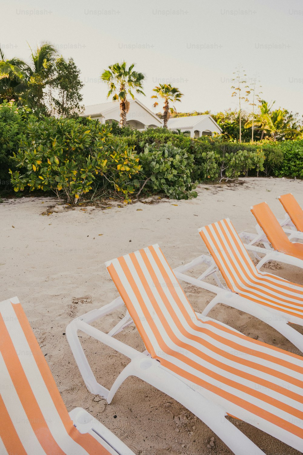 um par de cadeiras de gramado sentado em cima de uma praia de areia
