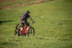 a person riding a bike on a grassy hill