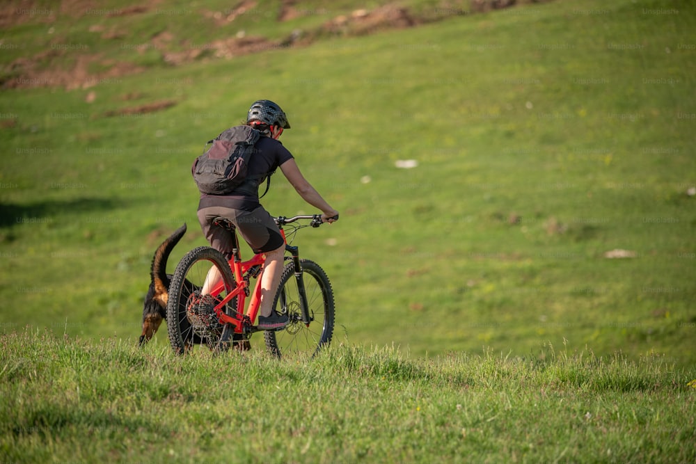 uma pessoa andando de bicicleta em uma colina gramada
