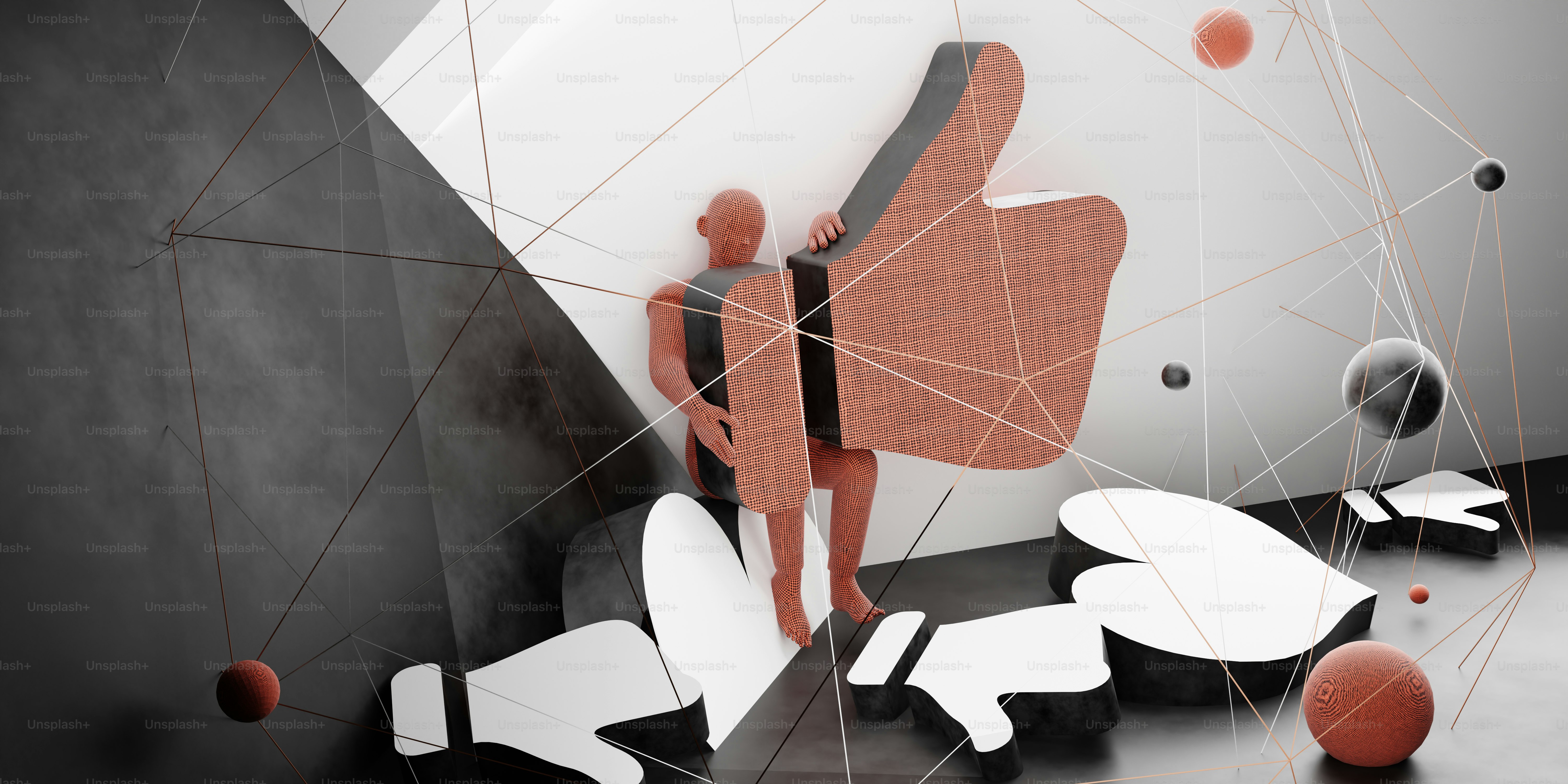 a person standing next to a wall with geometric shapes