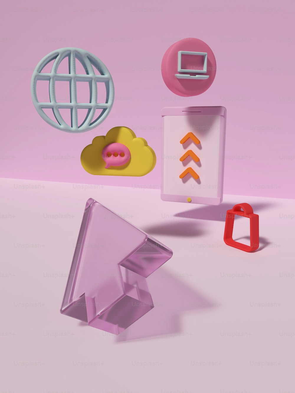 um grupo de objetos que estão em uma superfície rosa