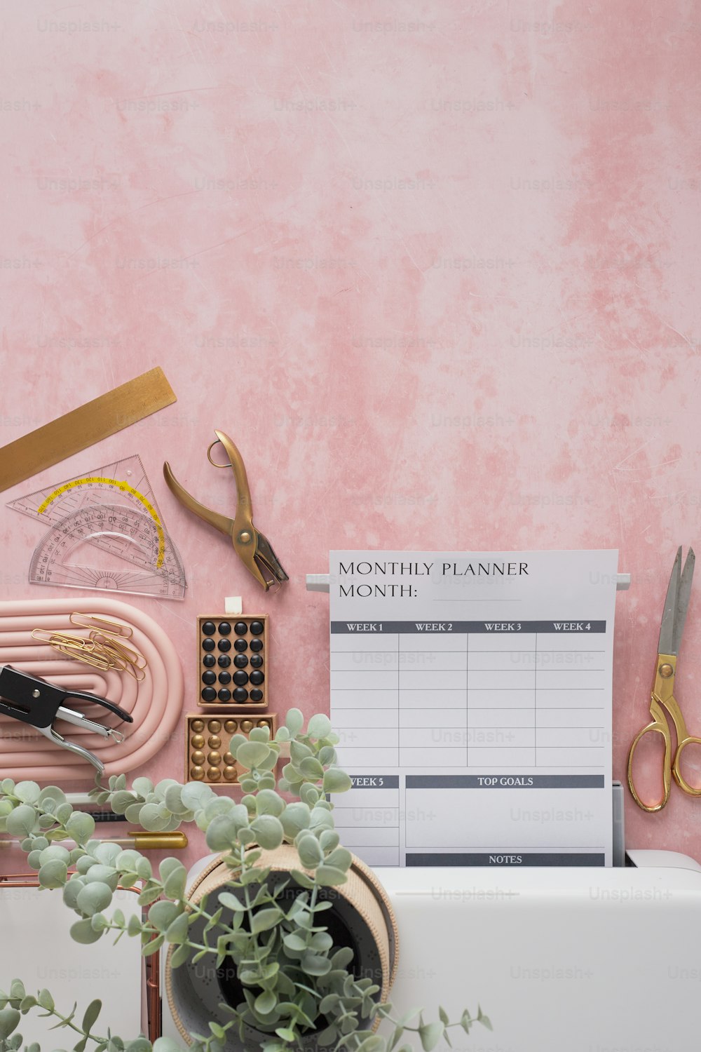 a pink wall with a plant and a planner