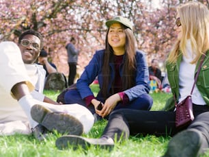 a group of young people sitting on the grass