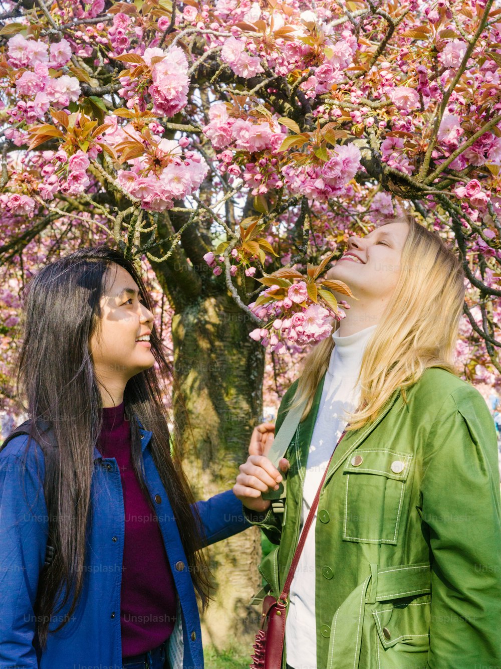 two women standing in front of a tree with pink flowers