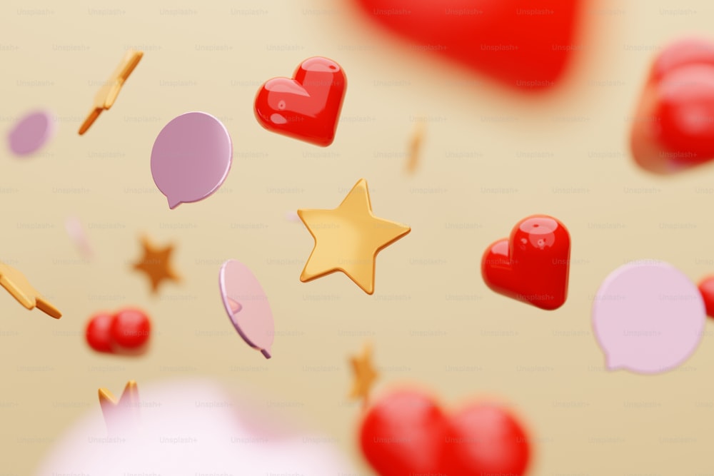 a group of hearts, stars and confetti on a beige background