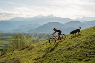 a man riding a bike next to a dog on a lush green hillside