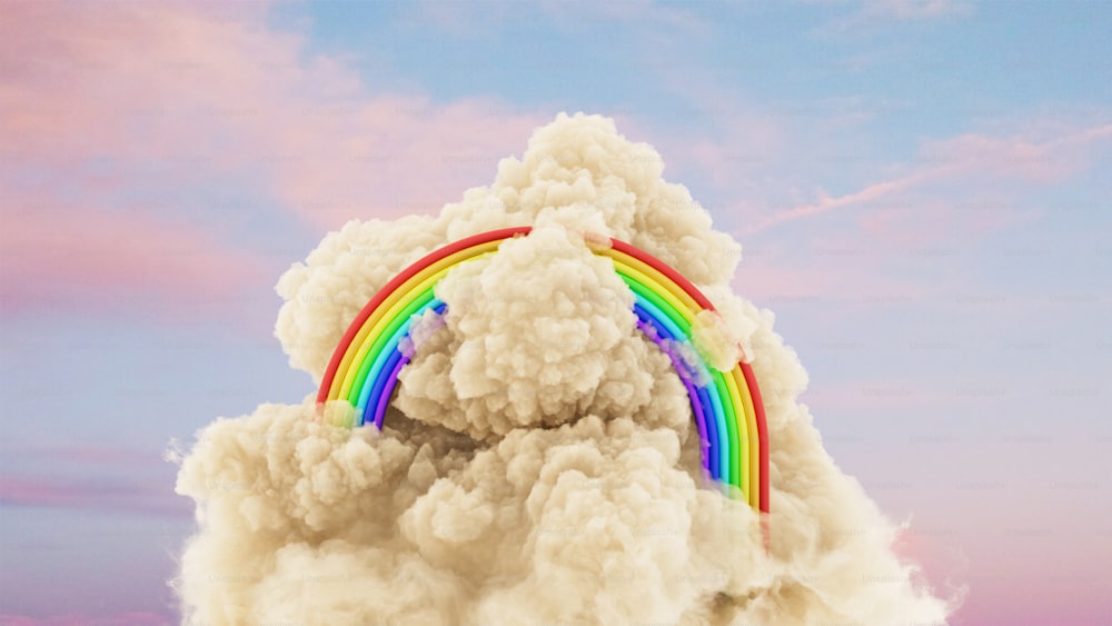 a cloud of smoke and a rainbow in the sky