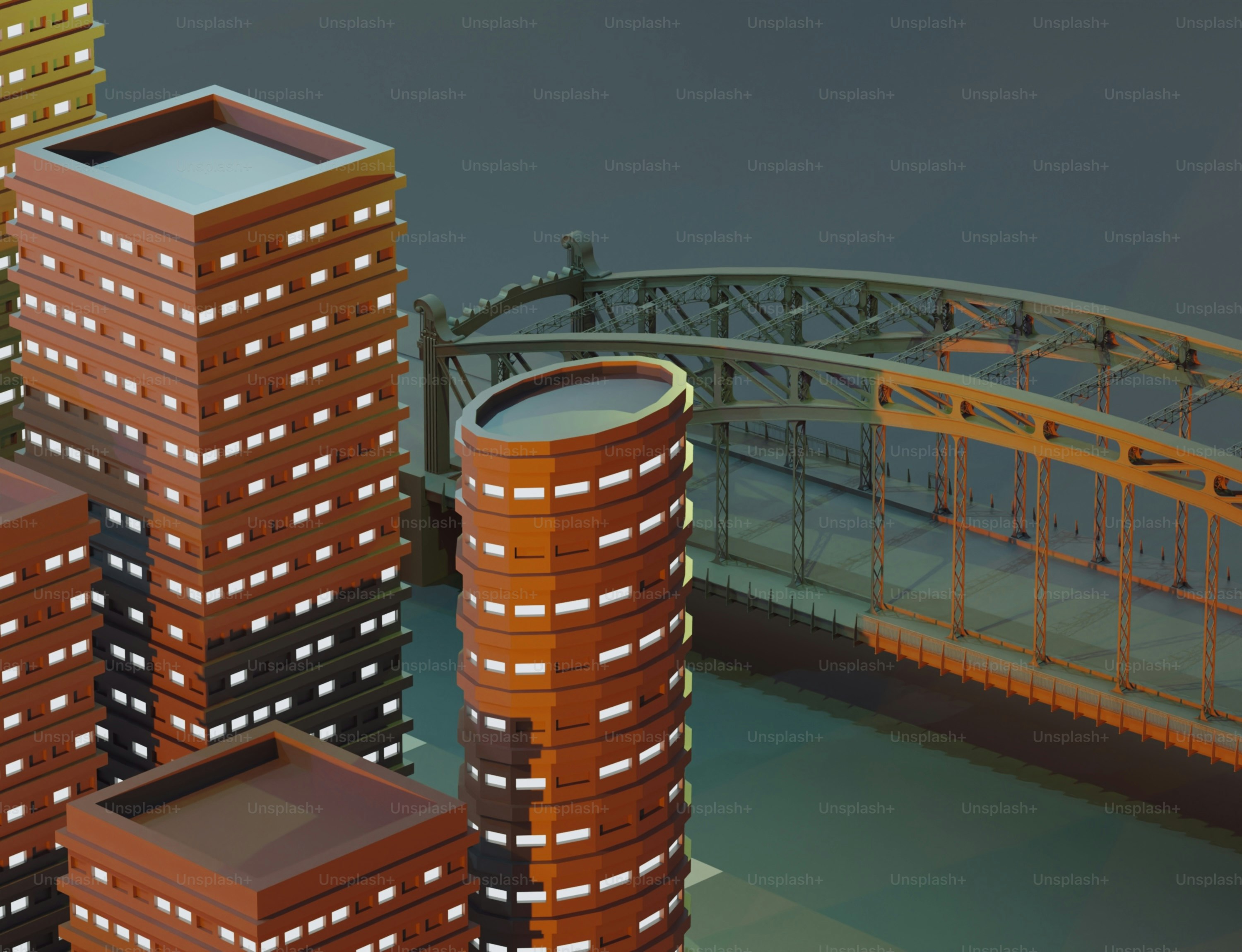 a group of tall buildings next to a bridge