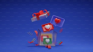 Una imagen en 3D de una caja de regalo con corazones y una cinta