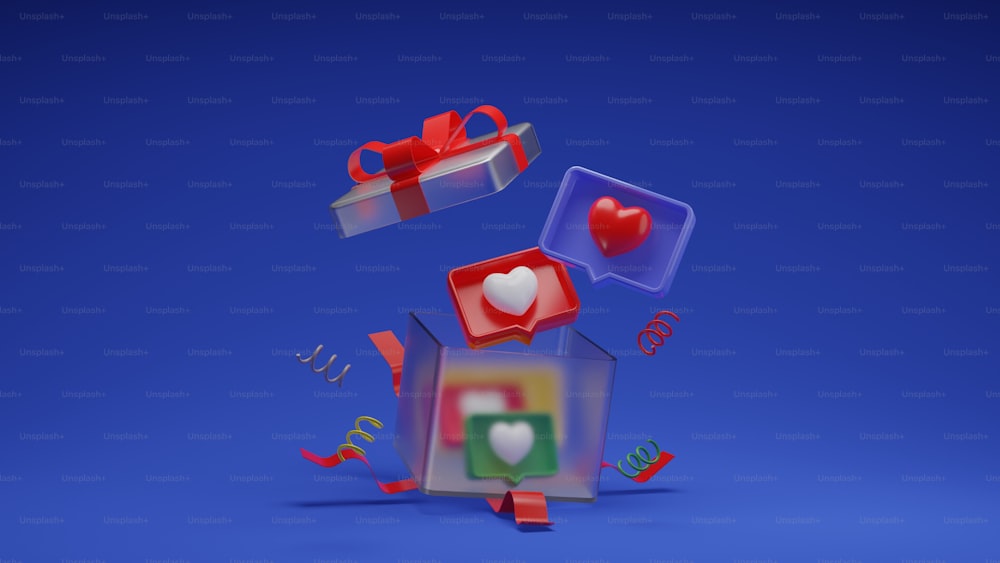 Una imagen en 3D de una caja de regalo con corazones y una cinta