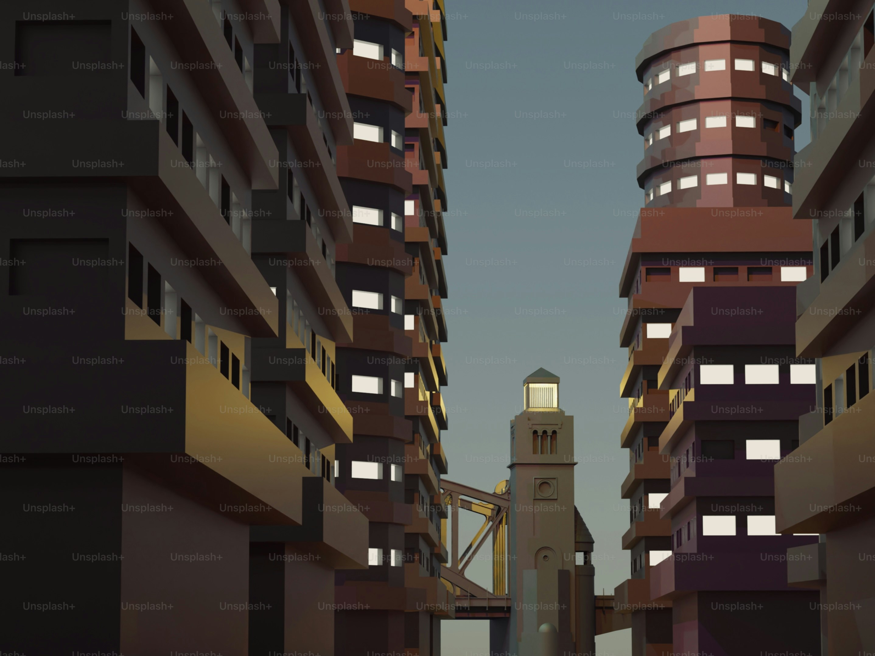 uma cidade com edifícios altos e uma torre do relógio