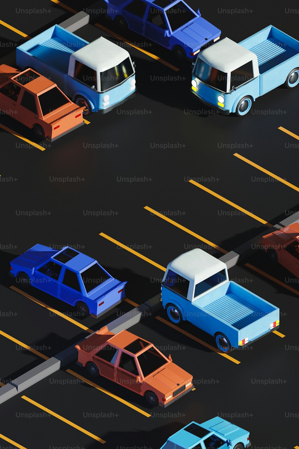 Eine Gruppe von Autos, die auf einem Parkplatz geparkt sind