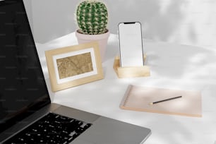 Un computer portatile seduto sopra una scrivania accanto a un cactus