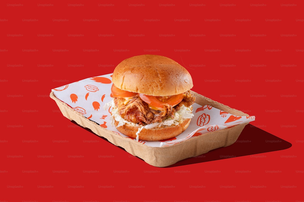 a chicken sandwich in a paper tray on a red background