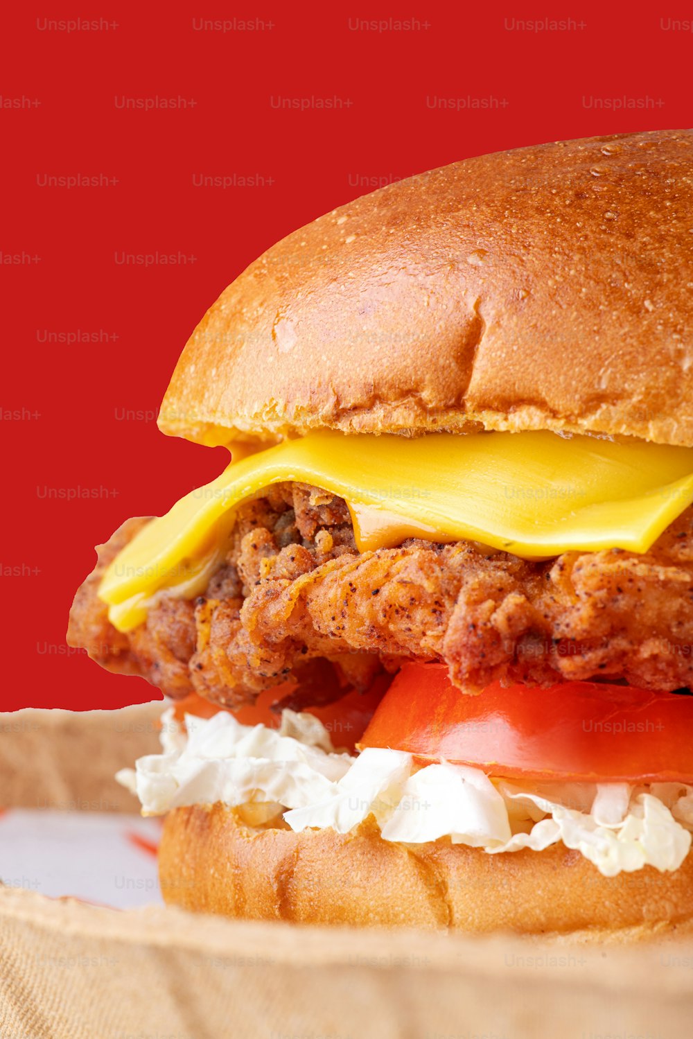 a close up of a chicken sandwich on a bun