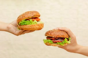 two hands holding a sandwich with meat and lettuce