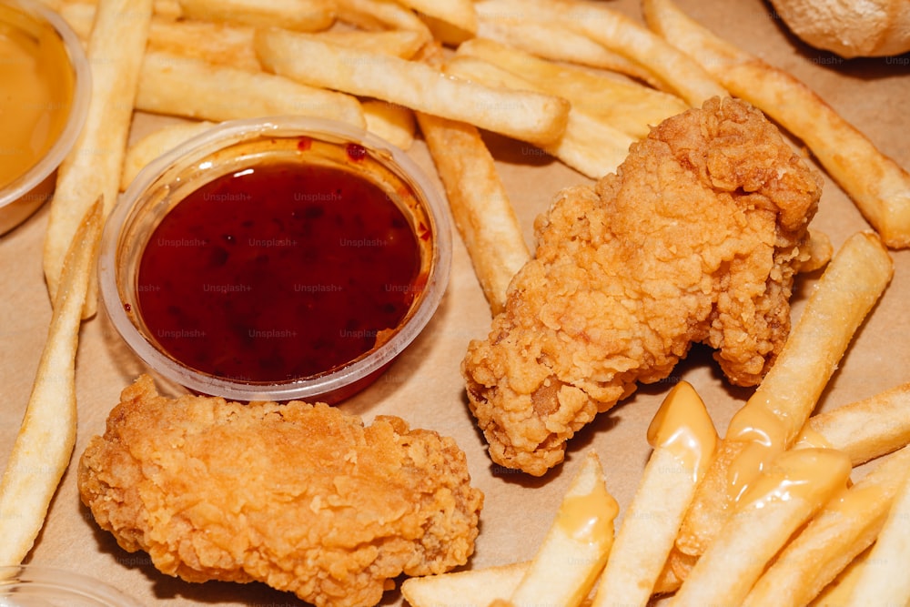 fried chicken and french fries with ketchup on a tray