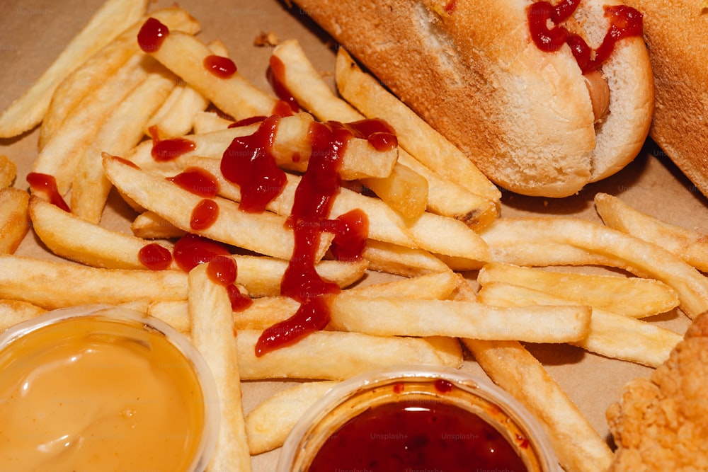 um close up de batatas fritas e ketchup em uma bandeja