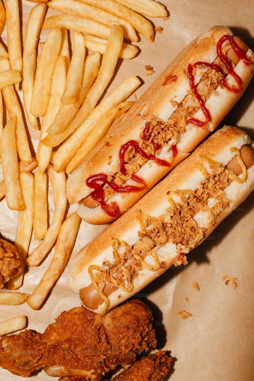 a close up of a hot dog and french fries