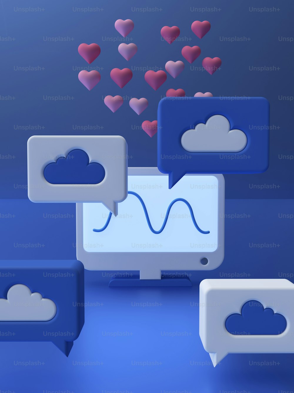 a computer screen with hearts flying out of it
