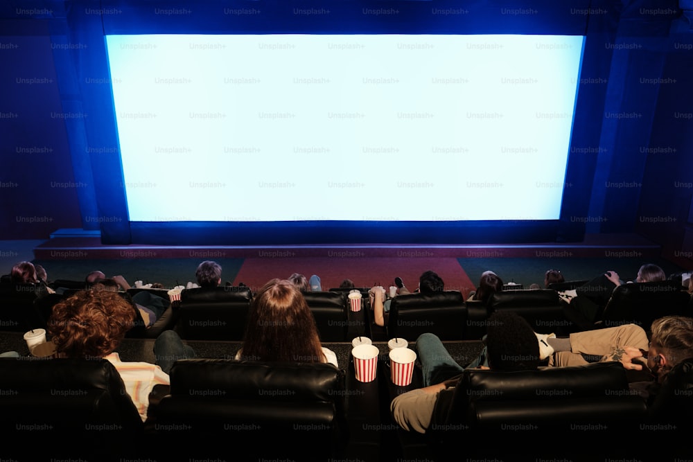 um grupo de pessoas sentadas em cadeiras assistindo a um filme