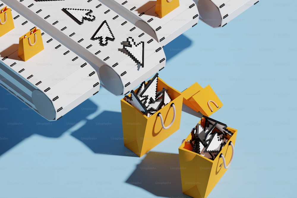 a group of yellow boxes filled with different items