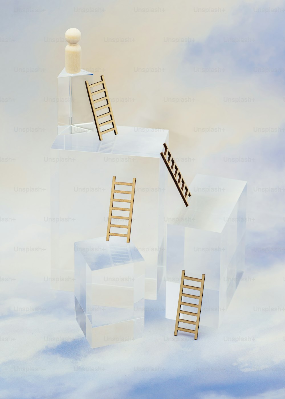 a ladder going up into the sky between two cubes
