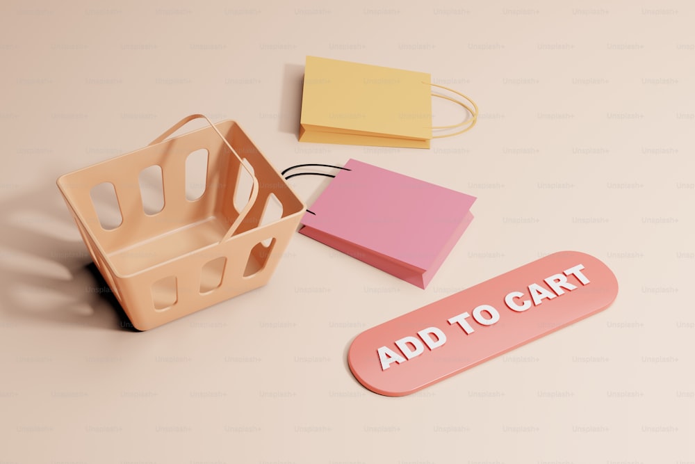 una scatola rosa e gialla con un cartello che dice aggiungi al carrello