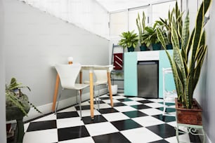 a room with a black and white checkered floor