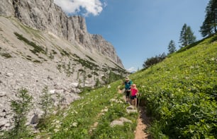 Un grupo de personas caminando por un sendero de montaña