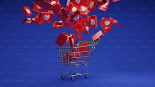 a shopping cart filled with lots of red dices
