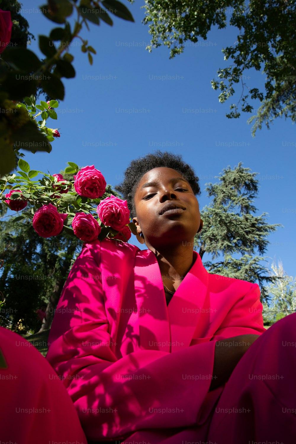 a woman in a pink dress sitting in front of a rose bush