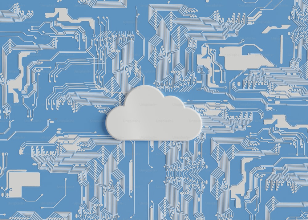 Una nube blanca sentada encima de una placa de circuito azul