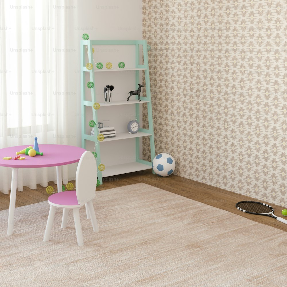 a child's room with a pink table and white chairs