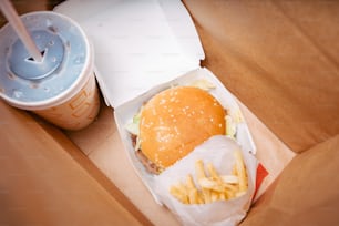 a close up of a hamburger and fries in a box