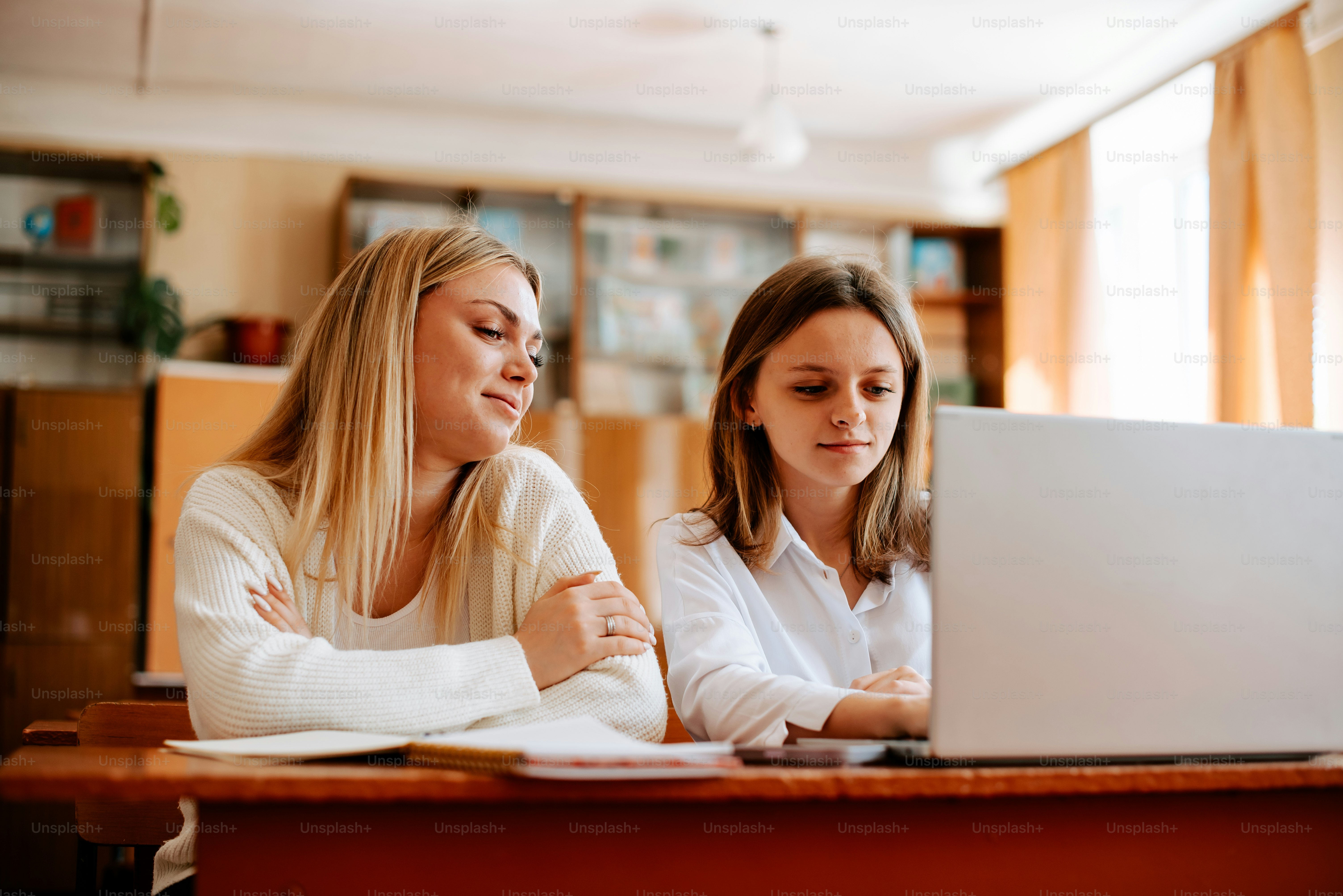 テーブルに座ってノートパソコンを見ている2人の女性