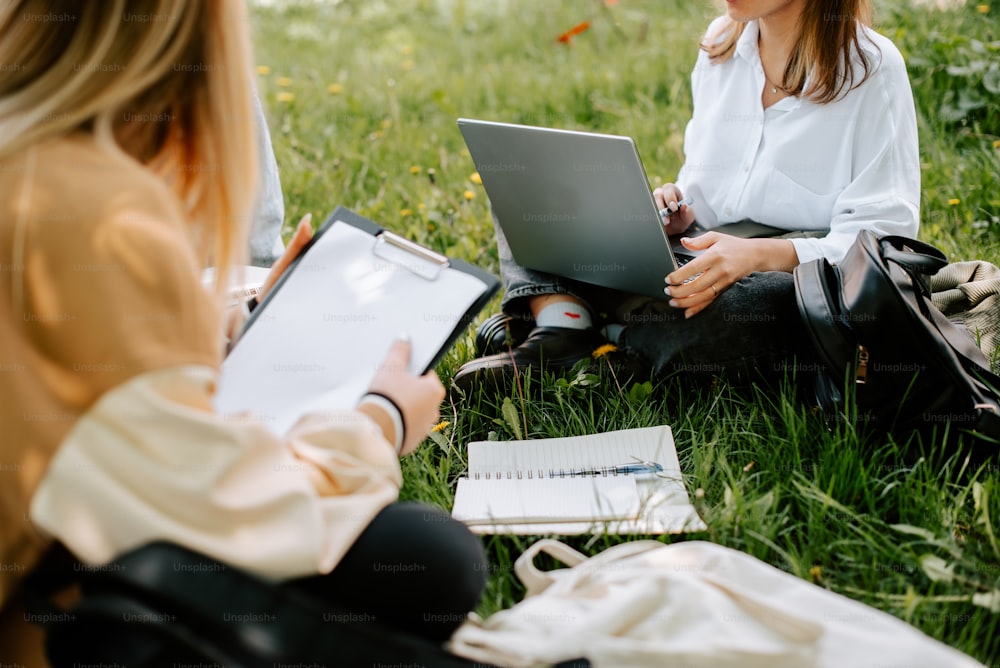 two women sitting in the grass using laptops