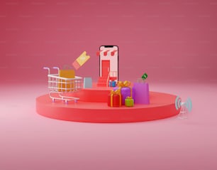 a pink display with a shopping cart and a cell phone