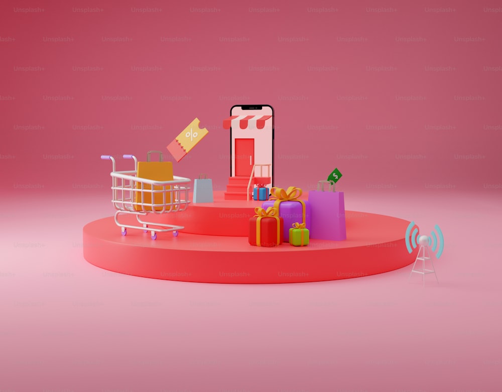 a pink display with a shopping cart and a cell phone