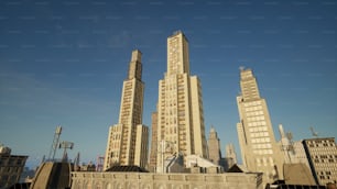 a city with tall buildings and a blue sky