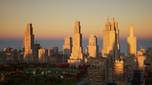 a view of a city skyline at sunset